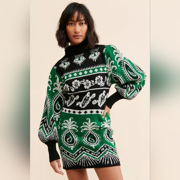 FARM Rio Mystic Scarf Sweater Dress | Green Black Intarsia | M - Picture 1 of 6